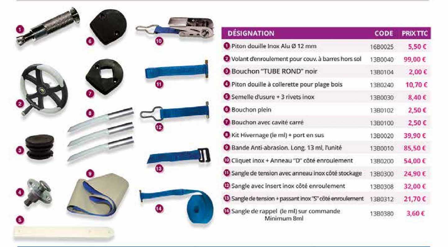 piton douille inox alu 12 mm, volant d'enroulement pour couv. à bares hors sol, bouchon "tube rond" noir, piton douille à collerette pour plage bois, semelle d'usure + 3 rivets inox, bouchon plein