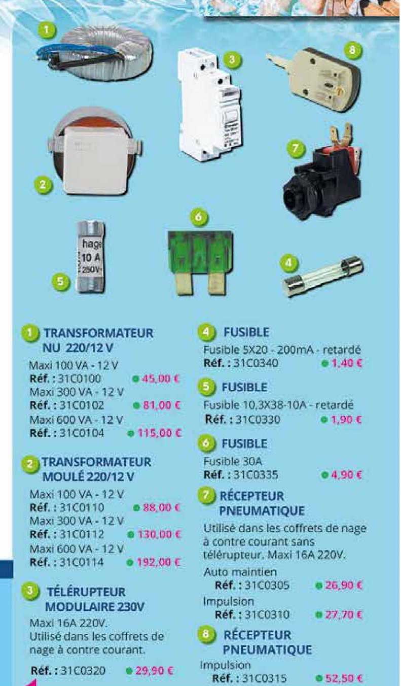 transformateur nu 220-12 v, transformateur moulé 220-12 v, télérupteur modulaire 230v, fusible, récepteur pneumatique