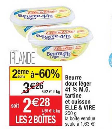 beurre doux léger 41% mg tartine et cuisson elle&vire