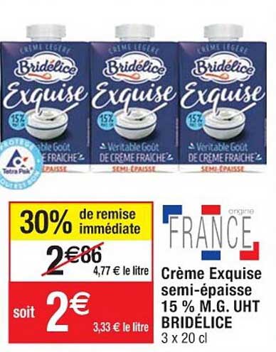 crème exquise semi-épaisse 15% mg uht bridélice