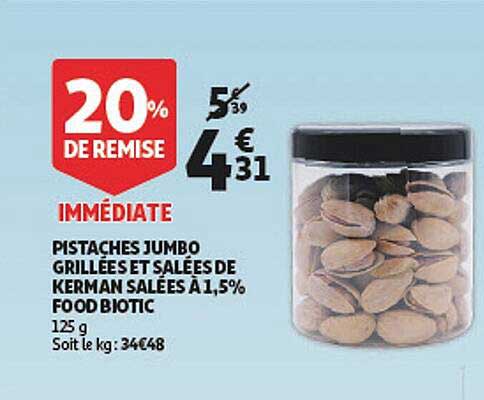 pistaches jumbo grillées et salées de kerman salées à 1.5% food biotic