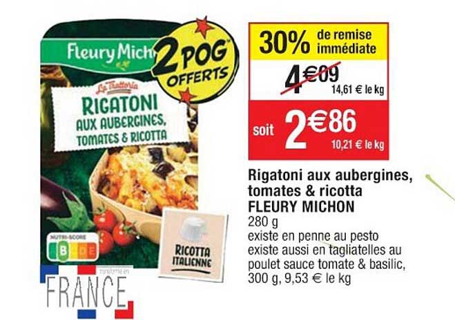 rigatoni aux aubergines, tomates & ricotta fleury michon