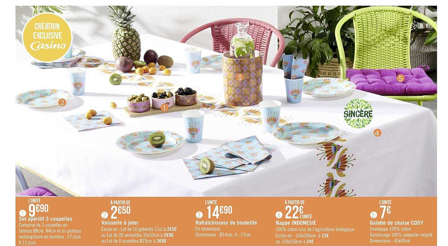 set épéritif coupelles, vaisselle à jeter, rafraîchisseur de bouteille, nappe indonésie ou galette de chaise cosy