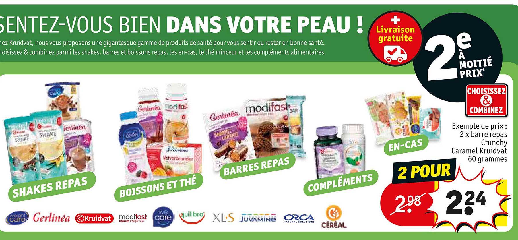 2 x  barre repas crunchy caramel kruidvat 60 grammes