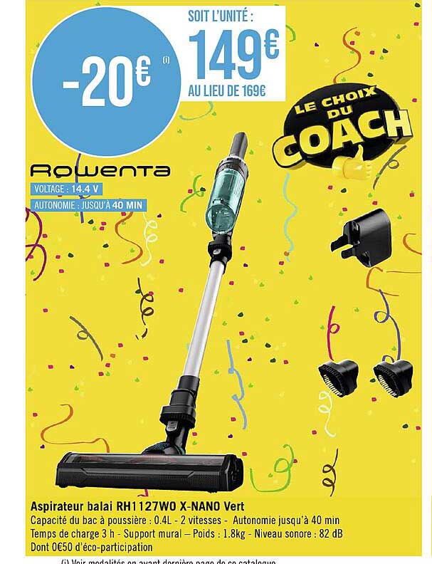 aspirateur balai rh1127w0 x-nano vert rowenta
