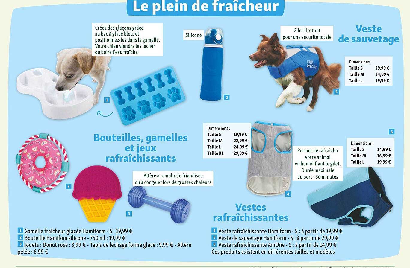 gamelles fraîcheur glacée hamiform, bouteille hamiform silicone, jouets : donut rose, tapis de léchage forme glace, altère gelée, veste rafraîchissante hamiform, veste de sauvetage hamiform