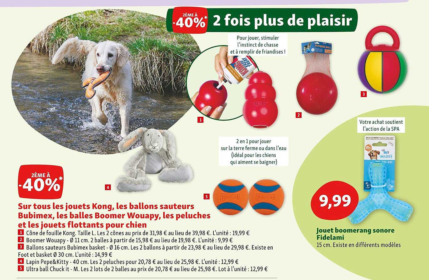 les jouets kong, les ballons sauteurs bubimex, les balles boomer wouapy, les peluches et les jouets flottants pour chien