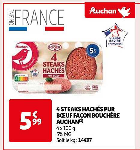 4 steaks hachés pur bœuf façon bouchère auchan
