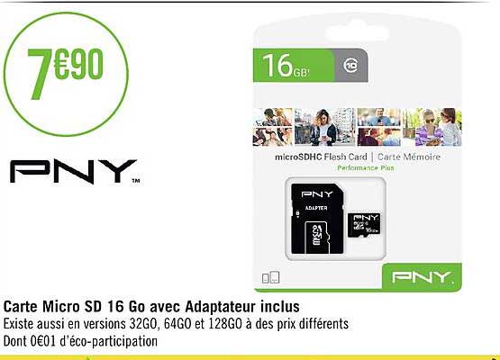 carte micro sd 16go avec adaptateur inclus pny