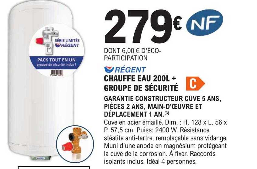 chauffe eau 200l + groupe de sécurité régent