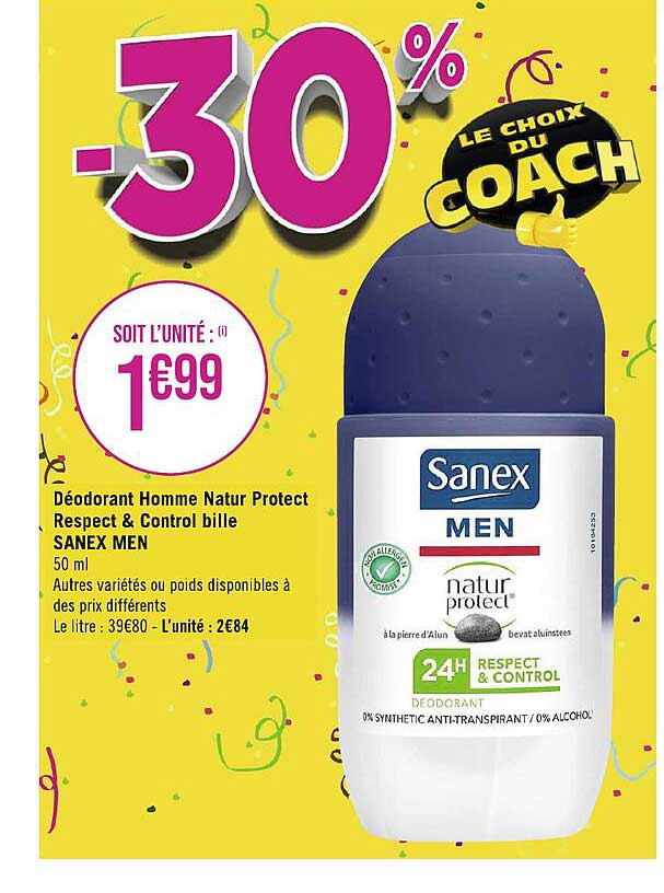 déodorant homme natur protect respect & control bille sanex men