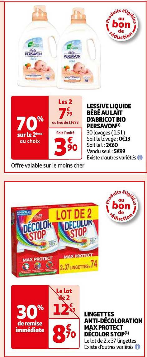 lessive liquide bébé au lait d'abricot bio persavon, lingettes anti-décoloration max protect décolor stop