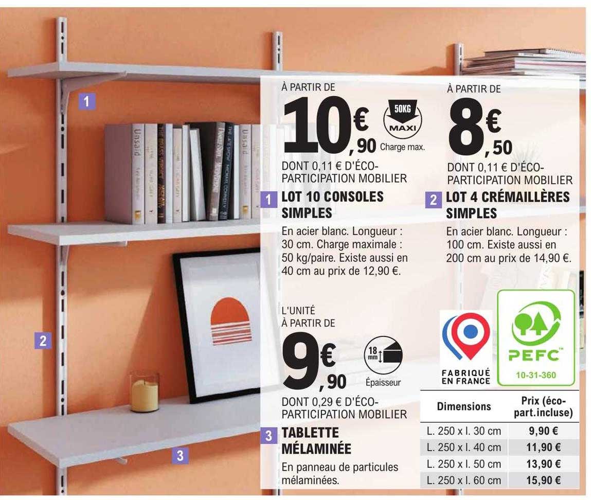 lot 10 consoles simples, lot 4 crémaillères simples, tablette mélaminée