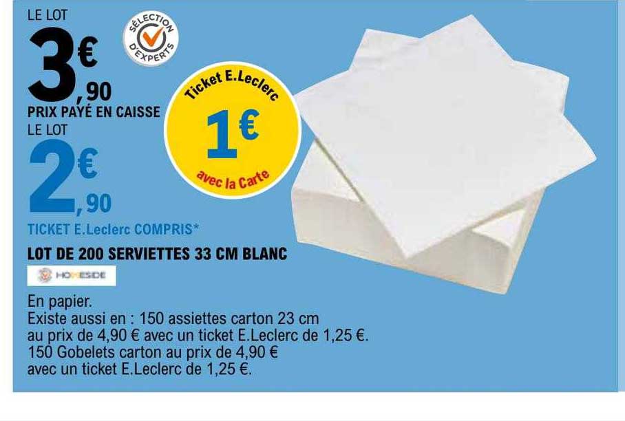 Lot De 200 Serviettes 33 Cm Blanc Homeside
