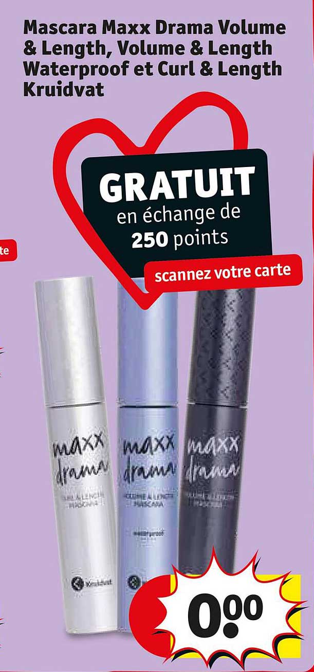 mascara maxx drama volume & length, volume & length waterproof et curl & length kruidvat