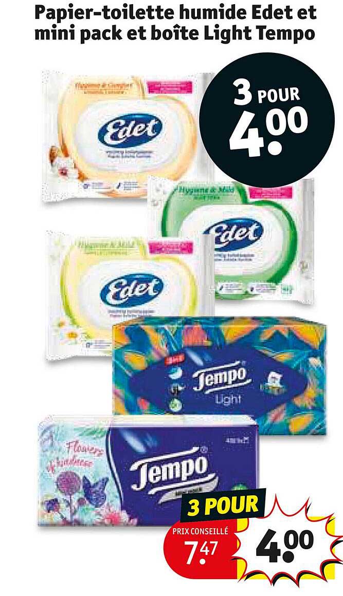 papier-toilette humide edet et mini pack et boîte light tempo