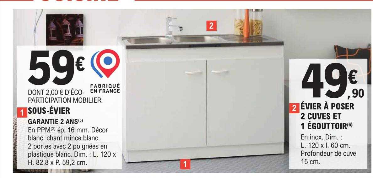 sous-évier, évier à poser 2 cuves et 1 égouttoir