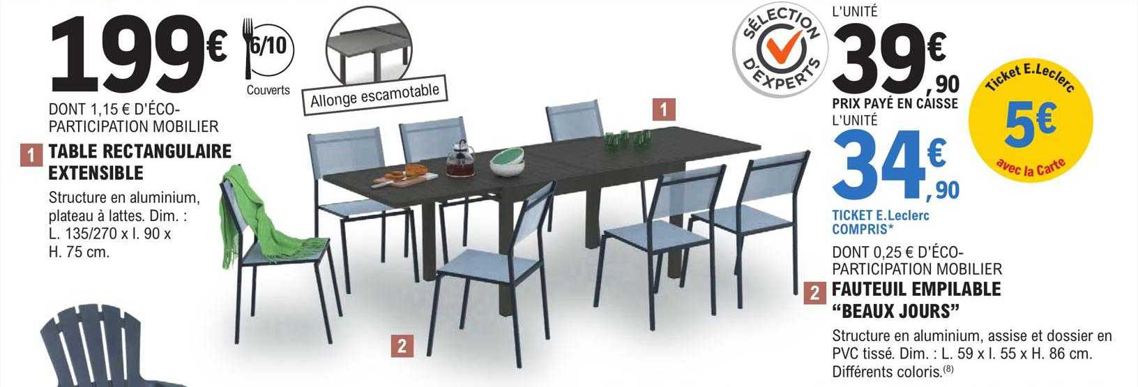 table rectangulaire extensible, fauteuil empilable "beaux jours"