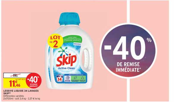 lessive liquide 34 lavages skip -40% de remise immédiate