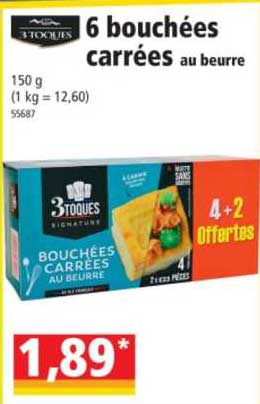 6 bouchées carrées au beurre 3 toques