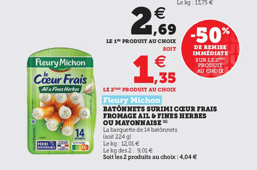batônnets surimi coeur frais fromage ail &  fines herbes ou mayonnaise fleury michon