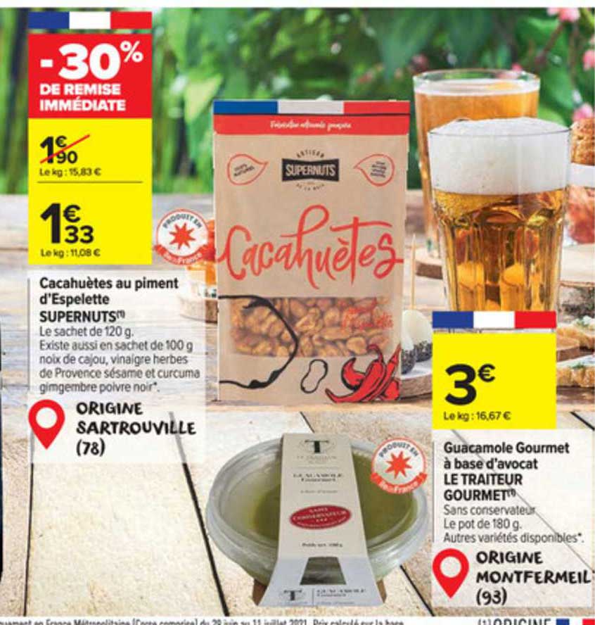 cacahuètes au piment d'espelette supernuts, guacamole gourmet à base d'avocat le traiteur gourmet