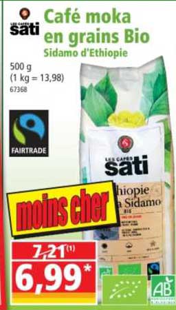 café moka en grains bio sidamo d'éthiopie