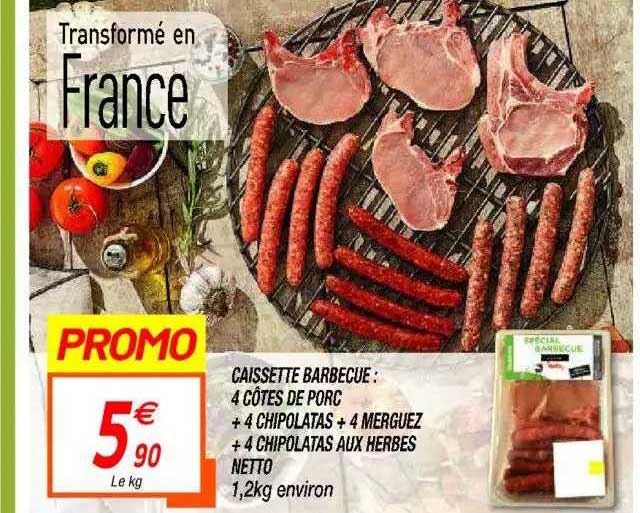 Caissette Barbecue : 4 Côtes De Porc + 4 Chipolatas + 4 Merguez + 4 Chipolatas Aux Herbes Netto