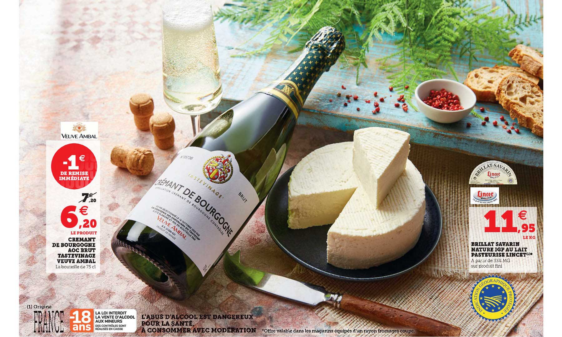 crémant de bourgogne aoc brut tastevinage veuve ambal, brillat savarin nature igp au lait pasteurisé lincet