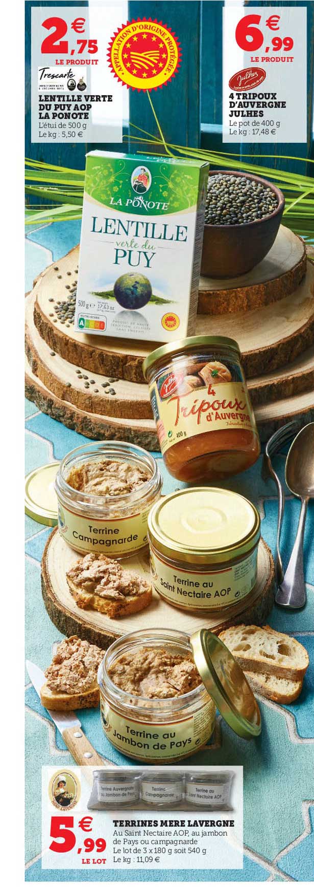 lentille verte du puy aop la panote, 4 tripoue d'auvergne julhes, terrines mère lavergne