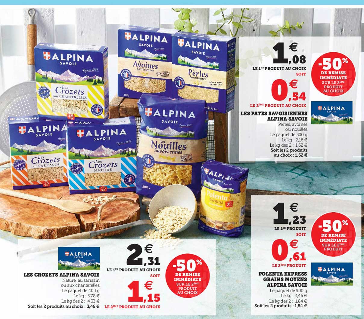 les pâtes savoisiennes alpina savoie, les crozets alpina savoie, polenta express grains moyens alpina