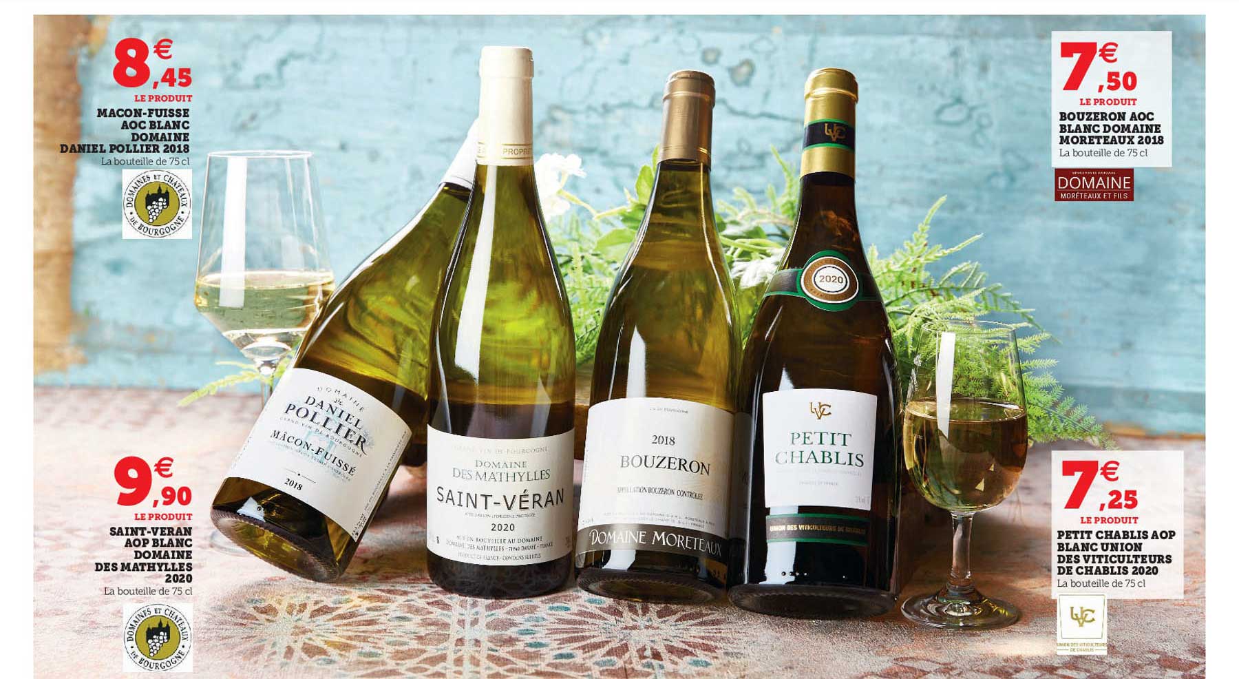 macon-fuisse aoc blanc domaine daniel pollier 2018, saint-veran aop blanc d omaine des mathylles 2020, bouzeron aoc blanc domaine moreteaux 2018, petit chablis aop blanc