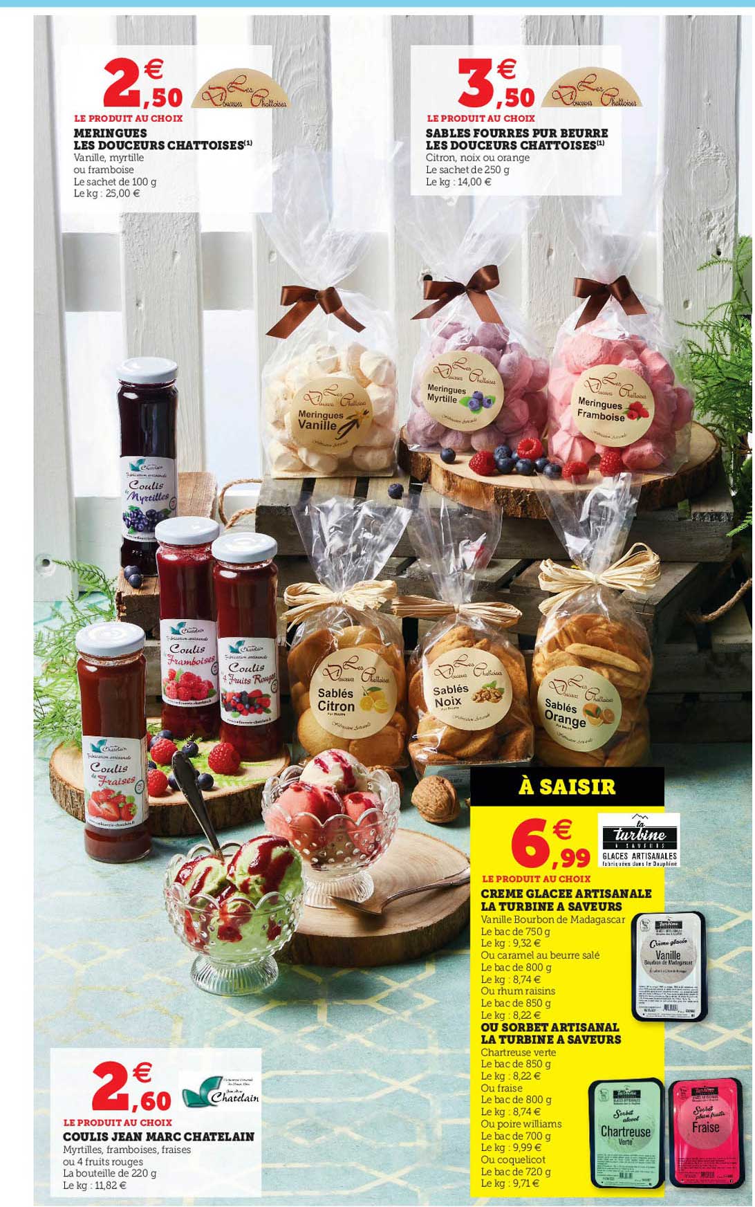 meringues les douceurs chattoises, sablés fourrés pur beurres, coulis jean marc chatelain, crème glacée artisanale la turbine à saveurs ou sorbet artisanal la turbine à saveurs