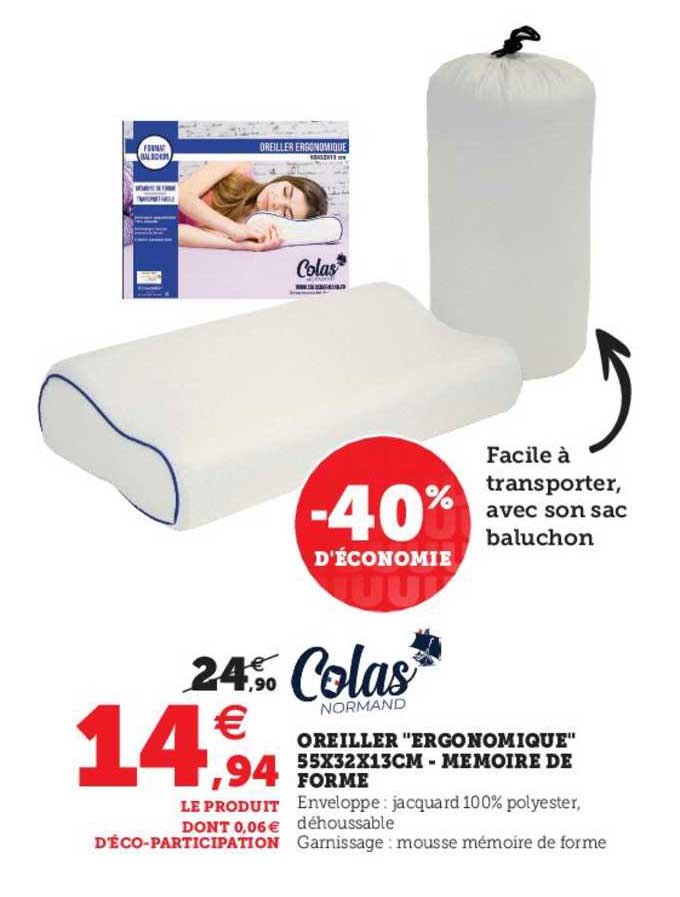 Oreiller "ergonomique" 55 X 32 X 13 Cm - Mémoire De Forme Colas