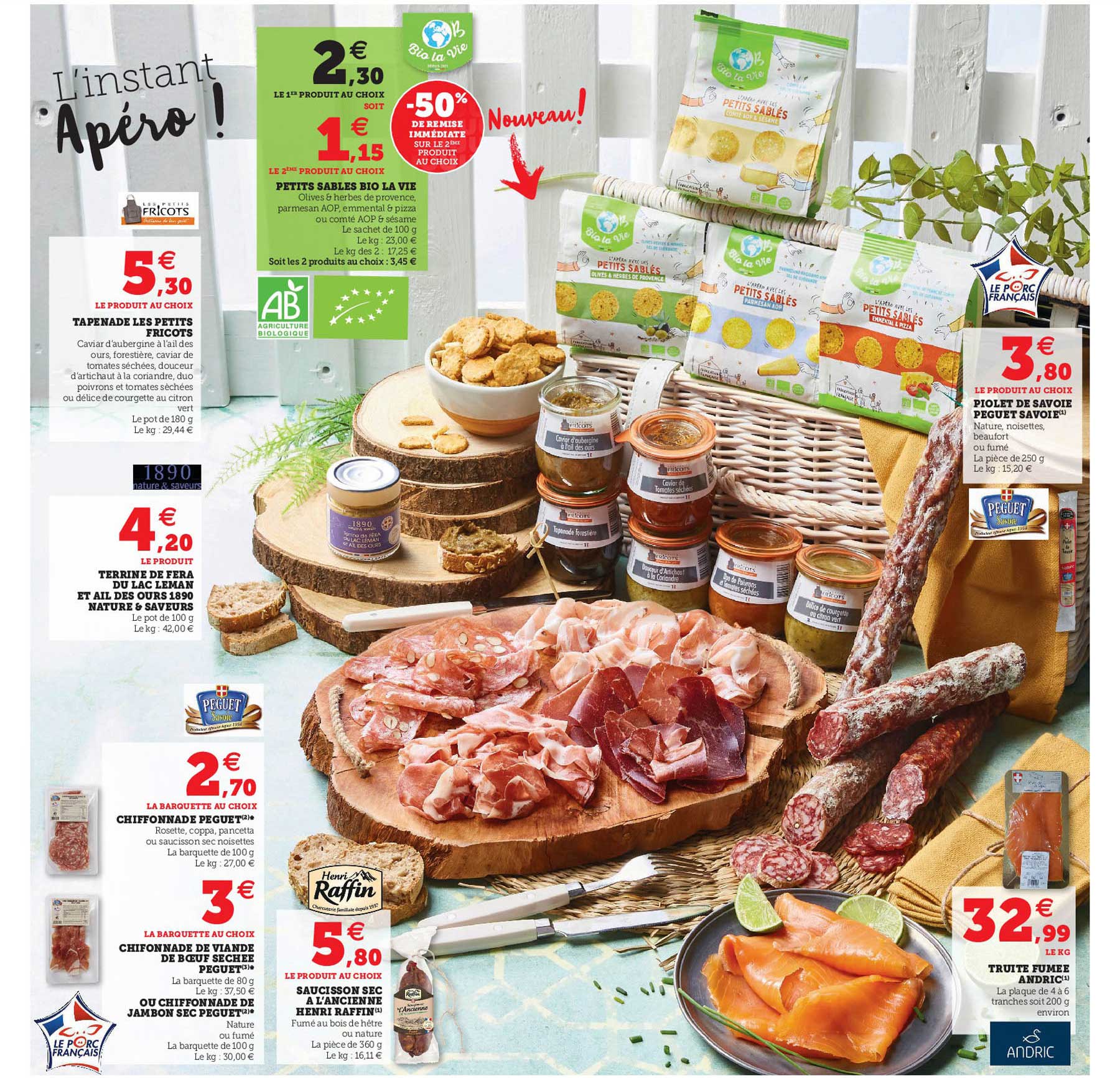 petits sablés bio la vie, tapenade les petites fricots, terrine de fera du lac leman et ail des ours 1890 nature & saveurs, chiffonnade peguet, chiffonnade de viande de bœuf séchées peguet