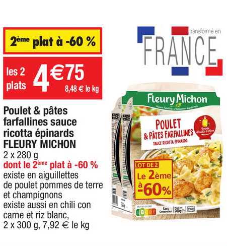 poulet & pâtes farfallines sauce ricotta épinards fleury michon