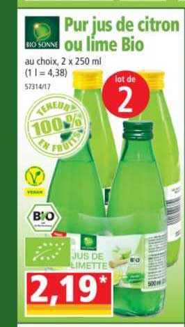 pur jus de citron ou lime bio bio sonne