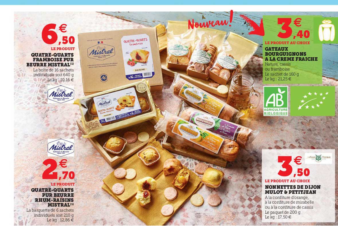 quatre-quarts framboise pur beurre mistral, quatre-quarts pur beurre rhum-raisins mistral, gâteaux bourguignons à la crème fraiche, nonnettes de dijon mulot & petijean