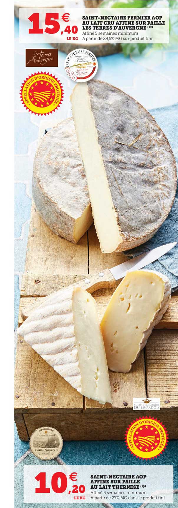 saint-nectaire fermier aop au lait cru affiné sur paille les terres d'auvergne, saint-nectaire aop affiné sur paille au lait thermisé