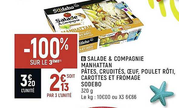 Salade & Compagnie Manhattan Pâtes, Crudités, Oeuf, Poulet Rôti, Carottes Et Fromage Sodebo