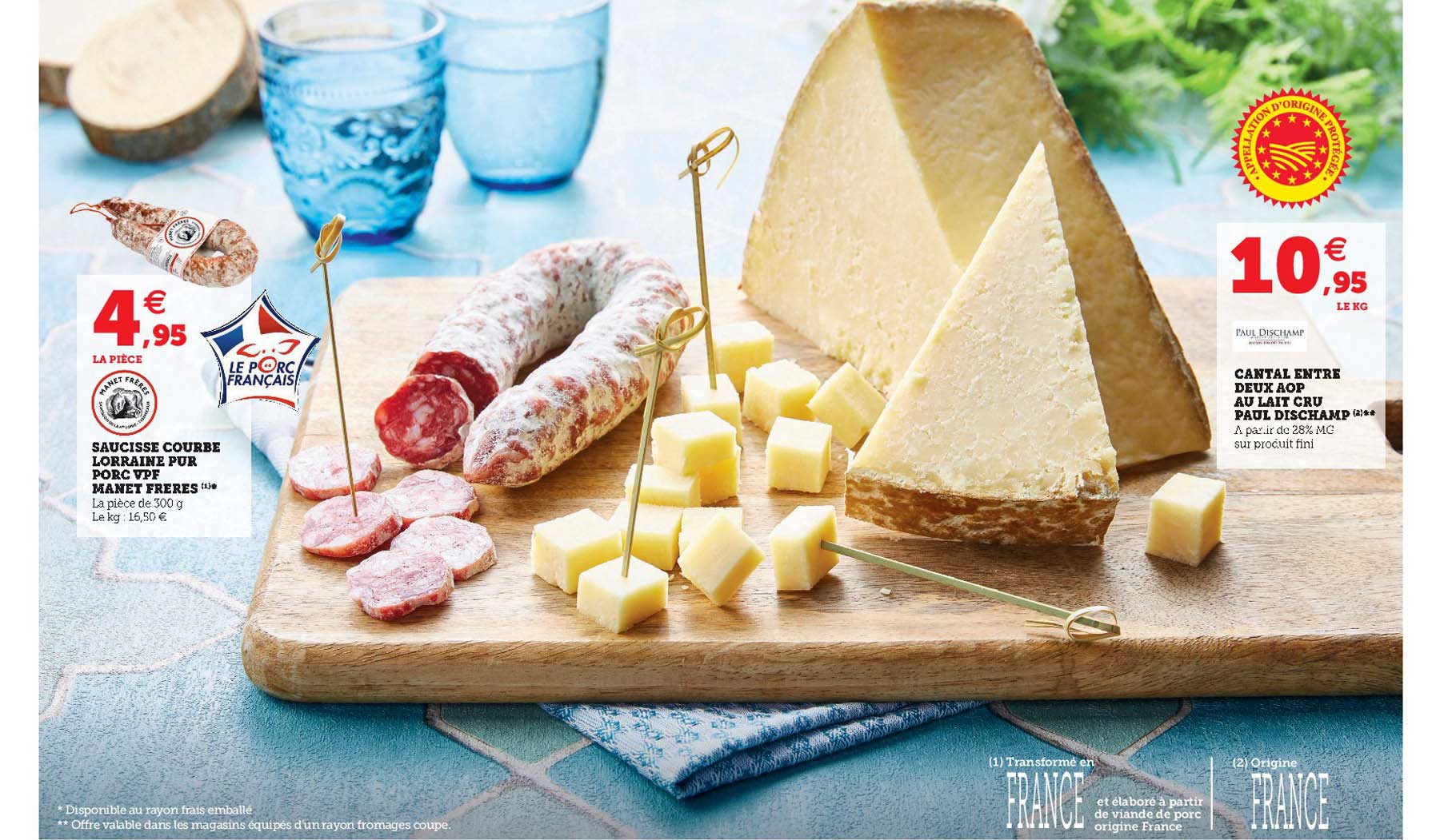 saucisse courbe lorraine pur porc vpf manet frères, cantal entre doux aop au lait cru paul dischamp