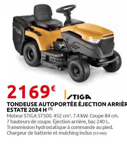 tondeuse autoportée éjection arrière estate 2084 h stiga