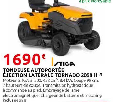 tondeuse autoportée éjection latérale tornado 2098 h stiga