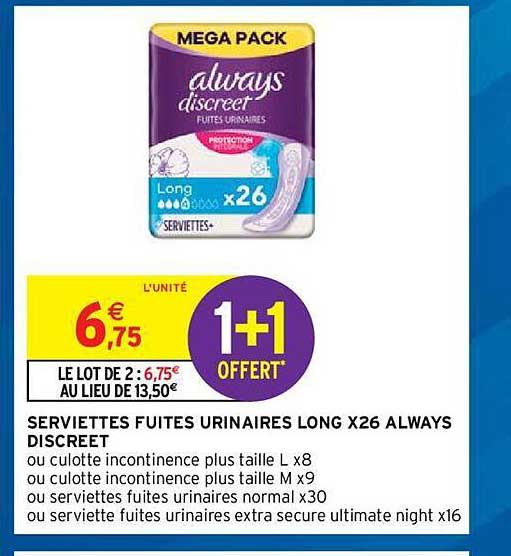 serviettes fuites urinaires long x 26 always discreet