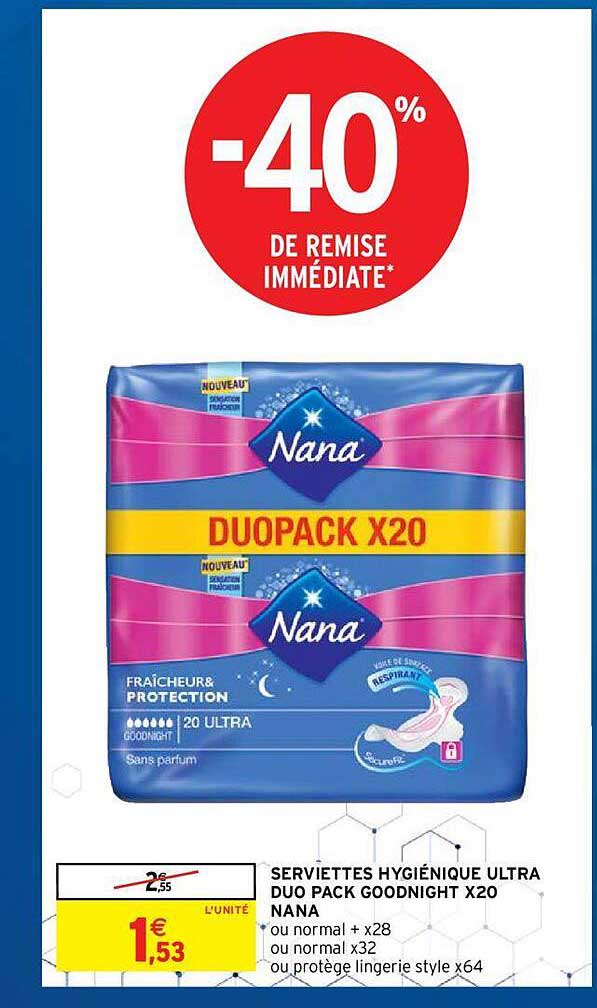 serviettes hygiéniques ultra duo pack goodnight x 20 nana