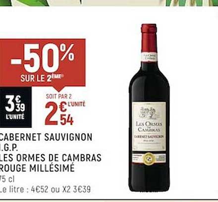 cabernet sauvignon i.g.p. les ormes de cambras rouge millésimé -50% sur le 2ème