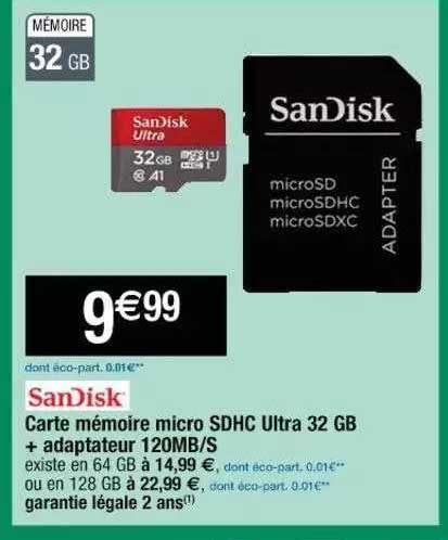 carte mémoire micro sdhc ultra 32 gb + adaptateur 120mb-s sandisk