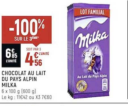 chocolat au lait du pays alpin milka -100% sur le 3ème