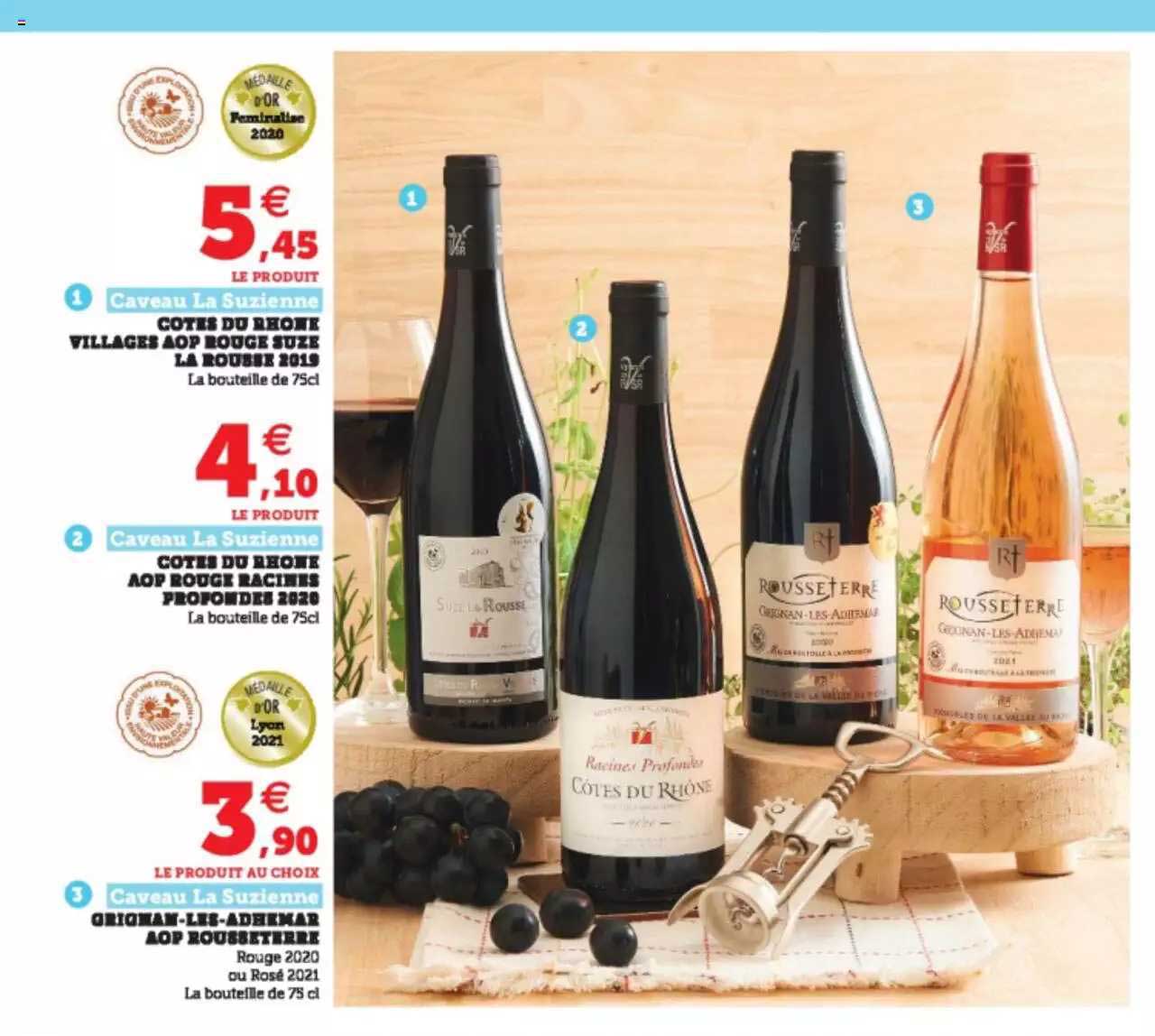 côtes du rhône villages aop rouge suze la rousse 2019 caveau la suzienne, côtes du rhône aop rouge racines profondes 2020 caveau la suzienne, grignau-les-adhémar aop rousseterre caveau la suzienne