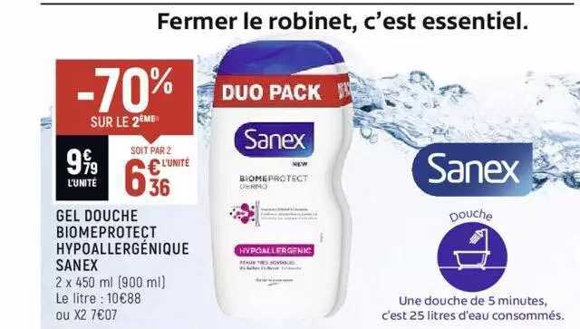 gel douche biomeprotect hypoallergénique sanex -70% sur le 2ème